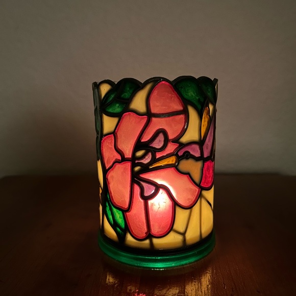 Colorful Hummingbirds Stained Glass Votive Candle Holder - Picture 1 of 7